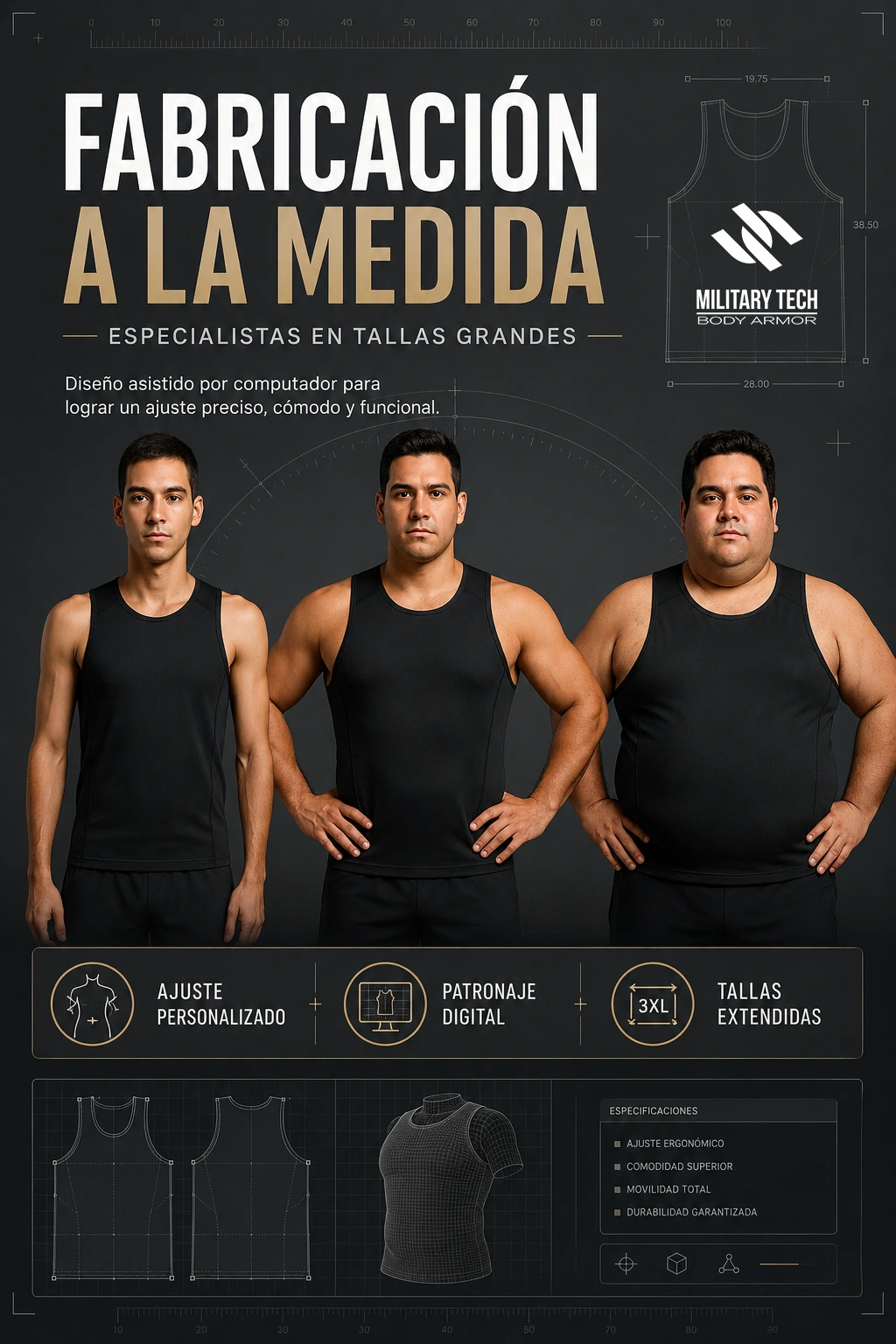 Camisilla blindada a la medida para diferentes tipos de cuerpo, con diseño asistido por computador, ajuste personalizado y especialización en tallas grandes.