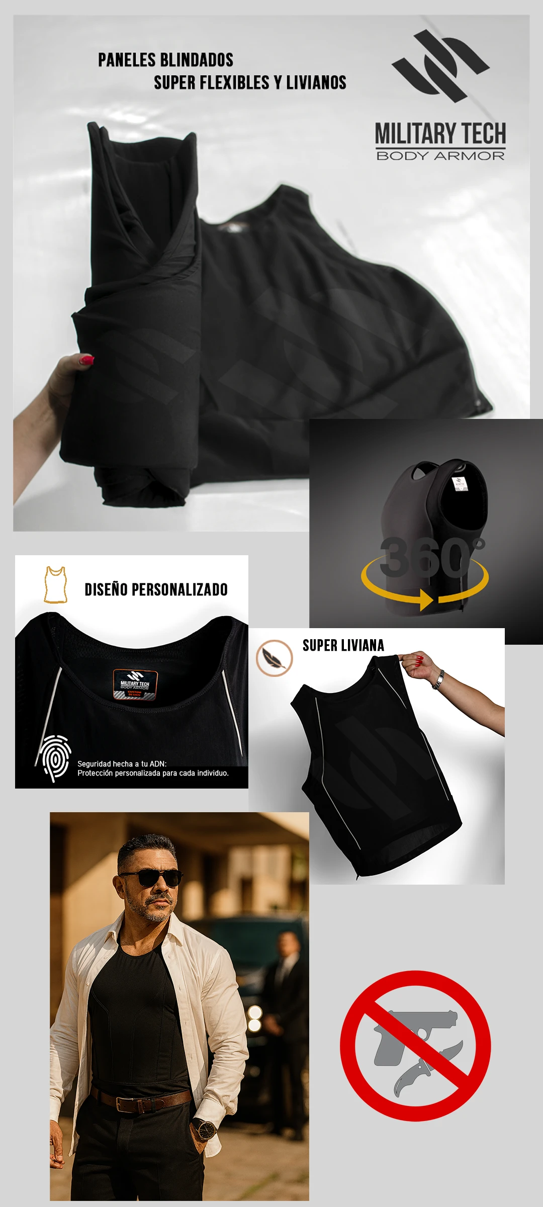 Camisilla blindada discreta con paneles flexibles, diseño personalizado, cobertura 360° y estructura superliviana para uso diario.