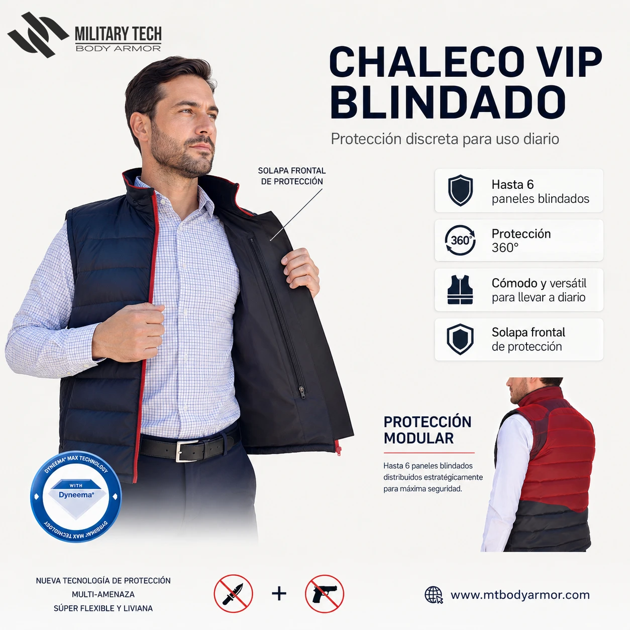 Chaleco VIP blindado de protección discreta para uso diario con paneles modulares y solapa frontal