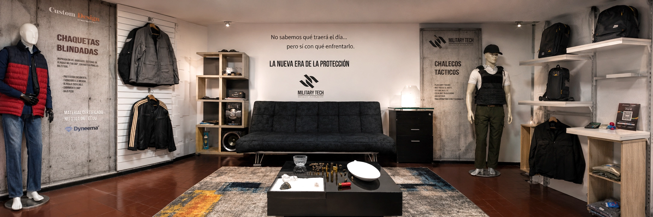 Showroom de MT Body Armor con chaquetas blindadas, chalecos tácticos, mochilas y prendas de protección personal exhibidas en un espacio comercial.