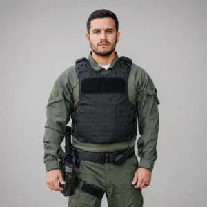 Chaleco táctico MOLLE MT Body Armor en vista frontal con diseño negro, panel modular y presencia institucional