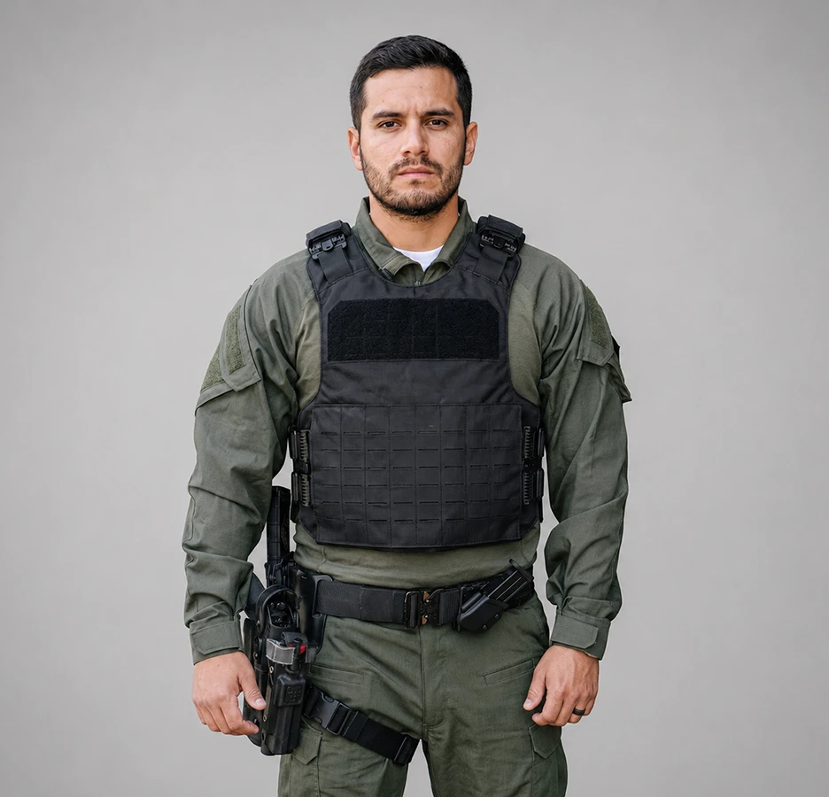 Chaleco táctico MOLLE MT Body Armor en vista frontal con diseño negro, panel modular y presencia institucional