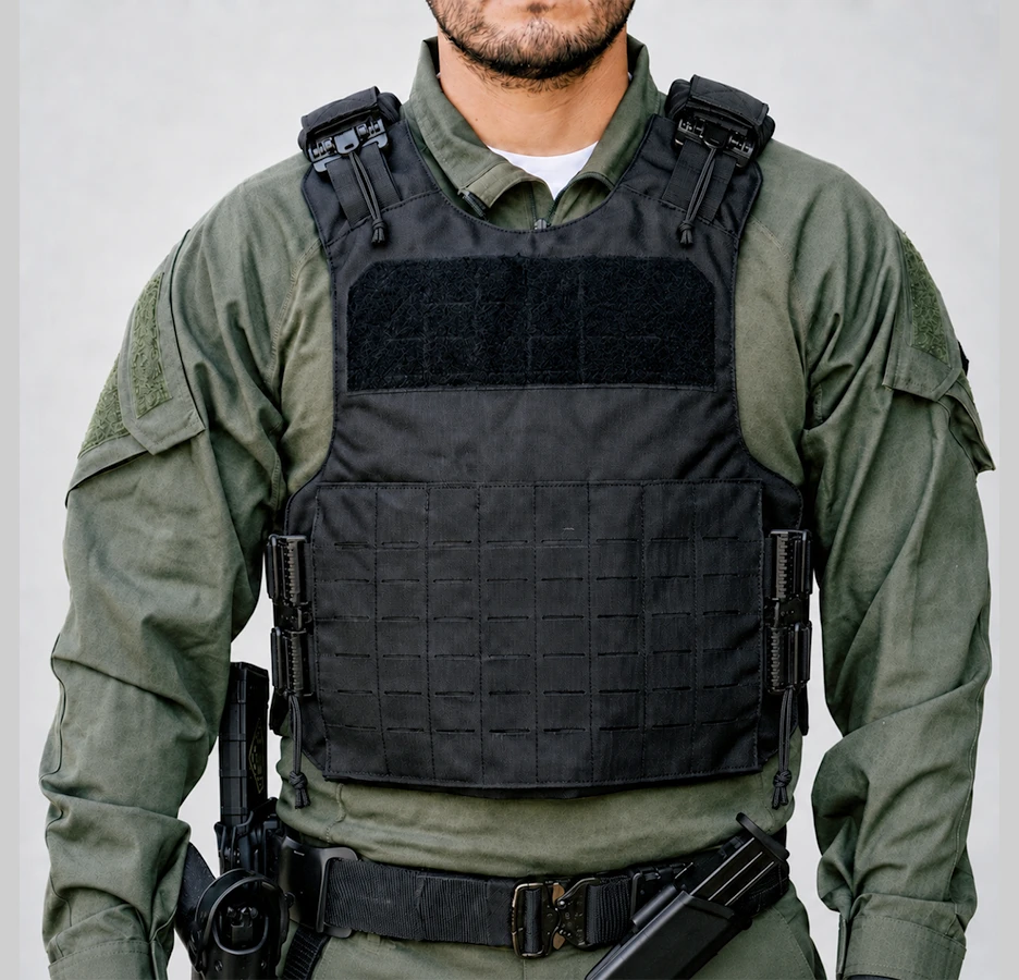 Detalle frontal de chaleco táctico corte láser MT Body Armor con panel MOLLE y sistema de hombros
