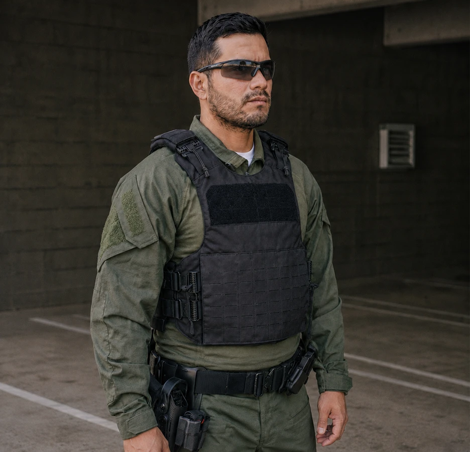 Chaleco táctico MT Body Armor en uso operativo con presencia institucional y ajuste exterior